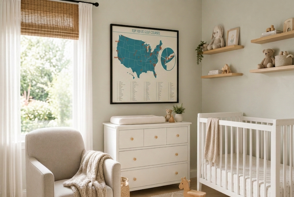 Top 100 US golf courses print framed on a nursery wall