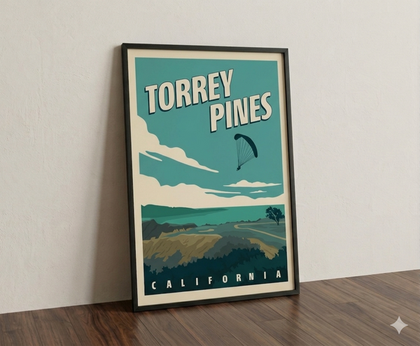 Torrey Pines golf print framed on a wooden floor