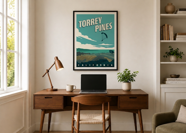 Torrey Pines golf print framed on a home office wall