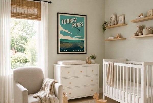 Torrey Pines golf print framed on a nursery wall