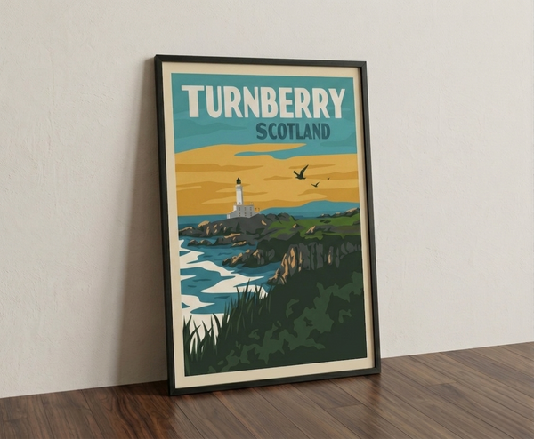 Turnberry golf print framed on a wooden floor