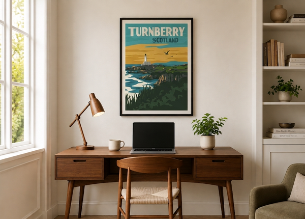 Turnberry golf print framed on a home office wall