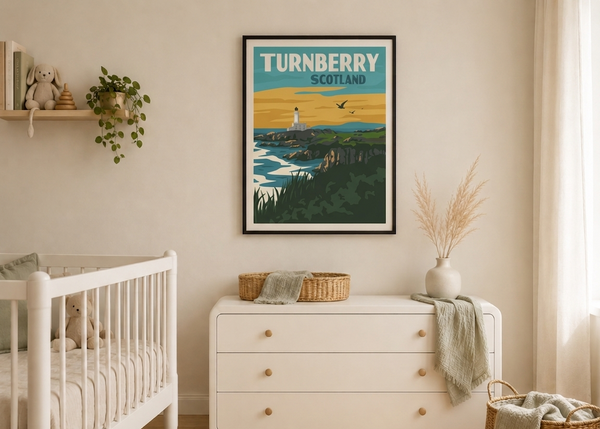 Turnberry golf print framed on a nursery wall