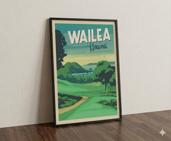 Wailea golf print framed on a wooden floor