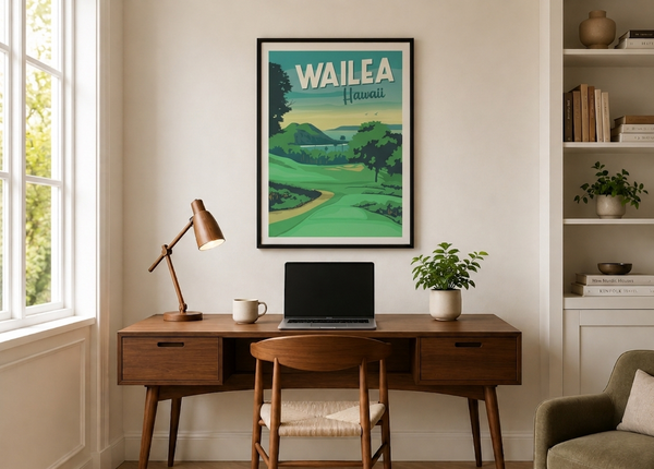 Wailea golf print framed on a home office wall