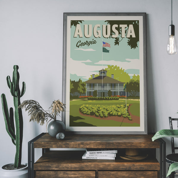 Augusta Clubhouse poster on bookcase