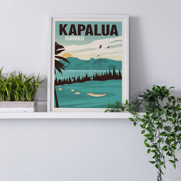 Kapalua golf print framed on shelf