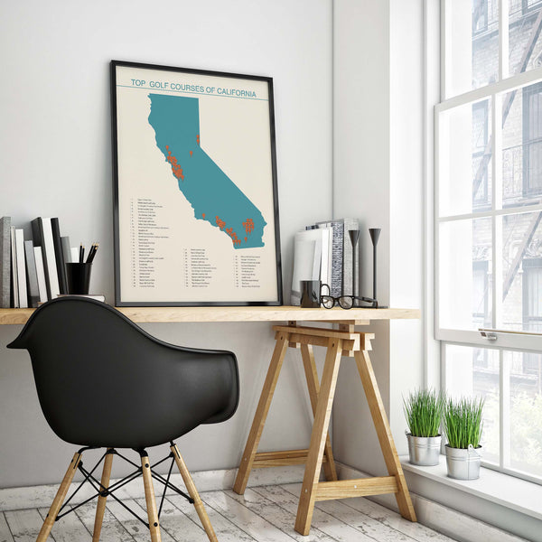 Top Golf Courses of California Checklist Map framed on desk by window