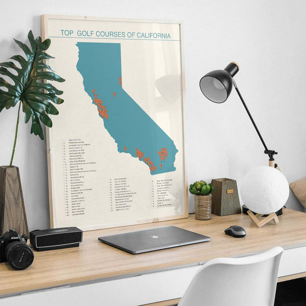 Top Golf Courses of California Checklist Map framed on desk